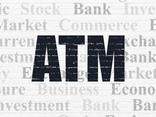 Banking concept: Painted black text ATM on White Brick wall background with  Tag Cloud