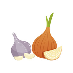 Garlic and onion bulbs, natural remedies for cold treatment vector Illustration on a white background