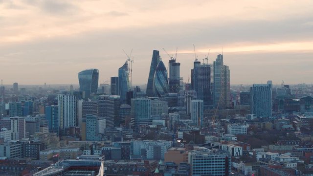 The Central London skyline during sundown. Aerial view.