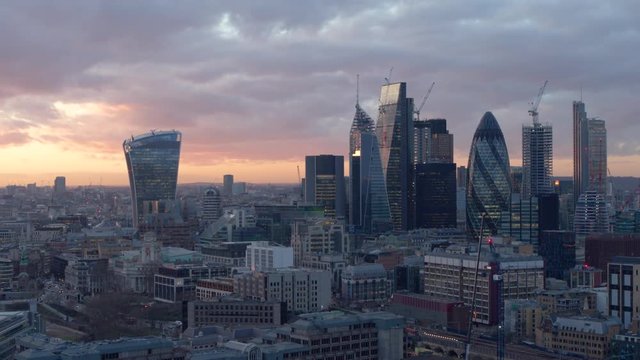 The Central London cityscape under cloudy sunrise sky. Panoramic shot.