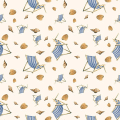 Hand drawn watercolor illustration seamless pattern beach chair and shells blue and orange - 194392626