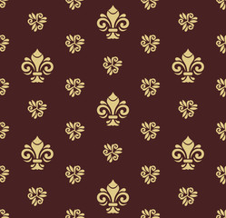 Seamless vector pattern. Modern geometric ornament with golden royal lilies. Classic vintage background