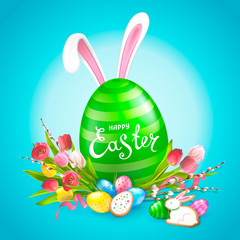 Easter composition with realistic glossy eggs, Bunny ears, bouquet of flowers tulips, willow twigs and cookies. Inscription Happy Easter on a big green egg.  Template for cards, banners, posters