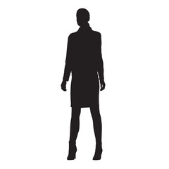 Business woman standing in formal dress, front view. Isolated vector silhouette