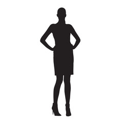 Tall woman standing with hand on her hips in short summer clothes. Isolated vector silhouette