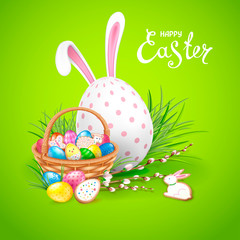 Easter composition with big white decorated egg, ears of Bunny and basket filled with eggs and cookies. Willow twigs and green grass. Template for greeting cards, banners, posters