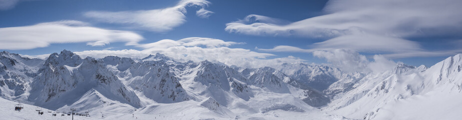 Plakat Winter mountains panorama with ski slopes, Bareges, Pyrennees, France