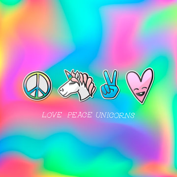Cute emoji patches badge, love peace unicorn stickers, vector