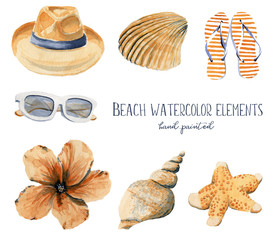 Hand drawn watercolor illustration beach set of objects hat seashell shell flip flops sandals hibiscus flower sunglasses orange and blue - 194394651