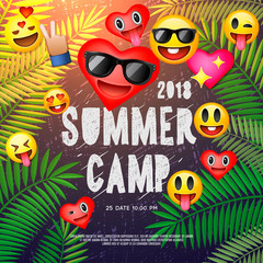 Themed Summer Camp poster, with emoji smile faces, vector