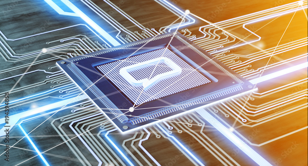 Poster cpu processor chip with a message and network connection on a circuit board - 3d render