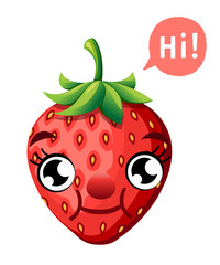 Cute cartoon strawberry smiling fruit with a caption cloud vector illustration isolated on white background web site page and mobile app design