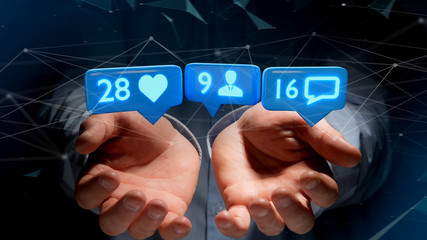 Businessman holding a Like, Follower and message notification on social network - 3d render