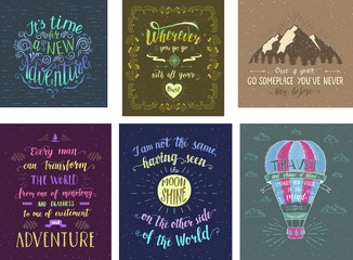 Set of travel posters. Vector hand drawn illustrations for t-shirt print or posters with hand-lettering quotes.