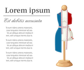 Female tailors dummy work in progress non-sewn clothing tool for handicrafts sewing pin and measuring tape vector illustration with place for your text isolated on white background