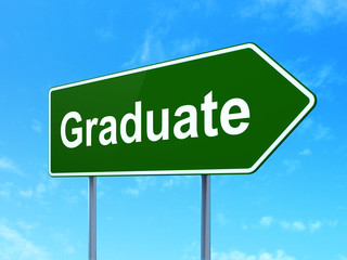 Studying concept: Graduate on green road highway sign, clear blue sky background, 3D rendering
