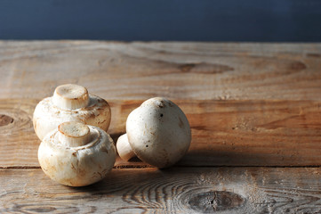 Fresh white mushrooms champignon on rustic wooden background
