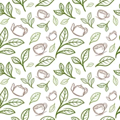 Wall murals Tea tea leaf with cup seamless pattern