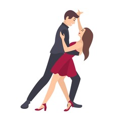 Pair of young man and woman dressed in elegant clothes dancing salsa isolated on white background. Male and female dancers demonstrating Latin American dance element. Flat cartoon vector illustration.