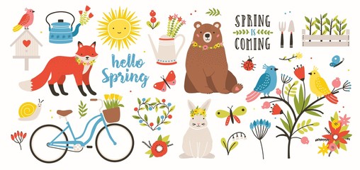 Spring set. Collection of cute animals, birds and insects, blooming flowers and floral decorations, bicycle isolated on white background. Bright colored vector illustration in flat cartoon style.