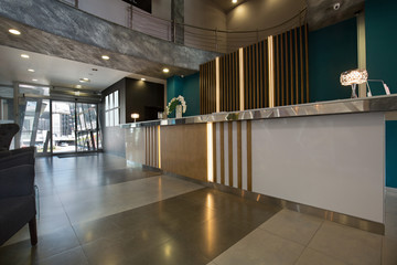 Hotel reception area interior with reception desk
