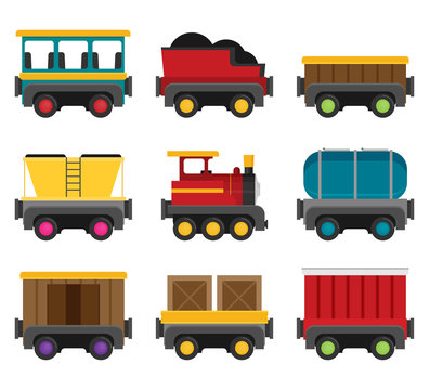 Colorful vector wagons for a train. Flat style set.