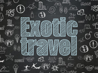 Vacation concept: Chalk Blue text Exotic Travel on School board background with  Hand Drawn Vacation Icons, School Board