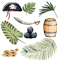 Hand drawn watercolor illustration tropical set of isolated elements pirate objects leaves palm banana tree rope - 194399262