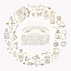 Hand drawn doodle Love and Feelings collection Vector illustration Sketchy Lovely icons Big set for Valentine's day, Mothers day, wedding, happy and romantic events. Hearts. Hans. Cupid. Bouquet.