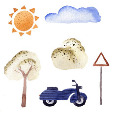 Watercolor objects elements street urban vehicle traffic transport. Sun cloud tree bush motorbike sign cartoon illustration - 194400277