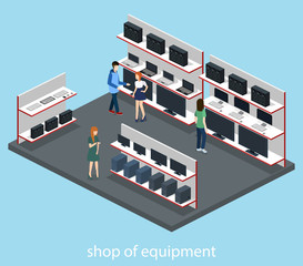 Isometric 3D vector illustration computer store and hardware store