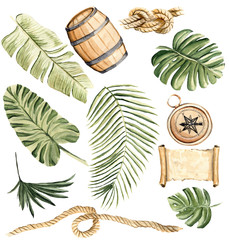 Hand drawn watercolor illustration tropical set of isolated elements objects leaves palm banana tree rope - 194400486