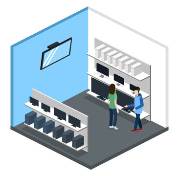 Isometric 3D vector illustration computer store and hardware store