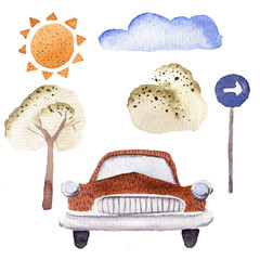 Watercolor objects elements street urban vehicle traffic transport. Sun cloud tree bush car sign cartoon illustration - 194400602