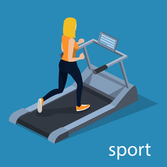 Isometric 3D vector illustration the girl is running on the treadmill