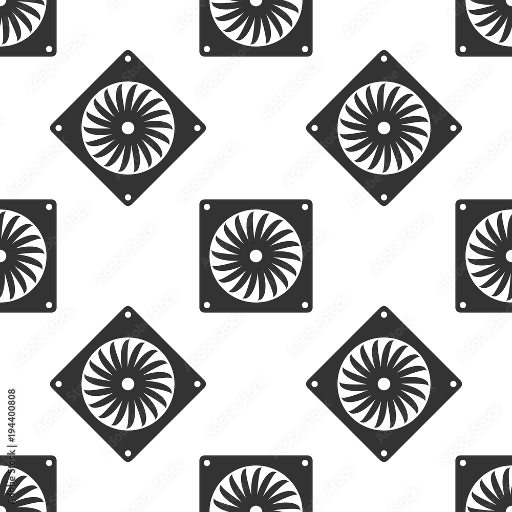Poster computer cooler icon seamless pattern on white background. pc hardware fan. flat design. vector illu