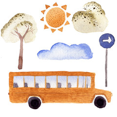 Watercolor objects elements street urban vehicle traffic transport. Sun cloud tree bush school bus sign cartoon illustration - 194400832