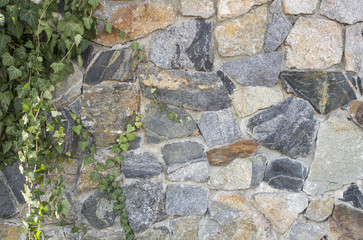 Fence of ornamental stone, ray background stylized in a natural wild stone with green branches