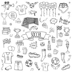 Obraz premium Hand drawn doodle Soccer set Vector illustration Sketchy sport traditional icons Cartoon typical football elements collection Football ball, cleats, goal, trophy, whistle, gloves, boots isolated
