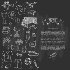 Hand drawn doodle Soccer set Vector illustration Sketchy sport traditional icons Cartoon typical football elements collection Football ball, cleats, goal, trophy, whistle, gloves, boots isolated