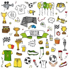 Hand drawn doodle Soccer set Vector illustration Sketchy sport traditional icons Cartoon typical football elements collection Football ball, cleats, goal, trophy, whistle, gloves, boots isolated