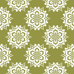 White flowers on olive green background. Ornamental seamless pattern