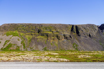 Scales, road and blue sky in Iceland side view