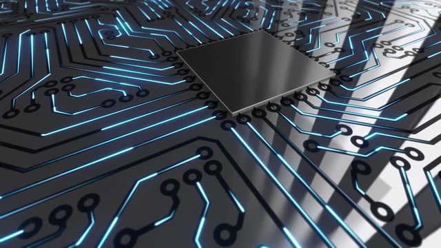 Seamless looping 3d animated text &ldquo;Flaw&rdquo; landing on a computer circuit board and triggering a red shockwave in 4K resolution