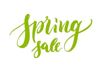 Hand drawn lettering, spring sale, green, isolated. Advertising inscription for annual fair, markets, shops. Vector illustration of sell-out