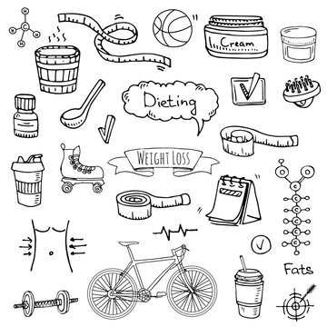 Hand drawn doodle Weight loss icons set Vector illustration dieting symbols collection Cartoon sketch elements Diet Sport equipment Healthy food eating Nutrition Protein Carbs Fats chemical formula