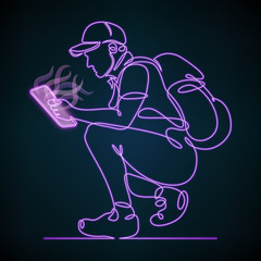 Continuous one single drawn tourist line with a neon tablet, outline, light, laptop, bright