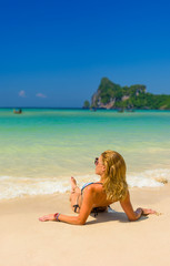 Woman relaxing on the beach in Koh Phi Phi Don  Krabi Thailand