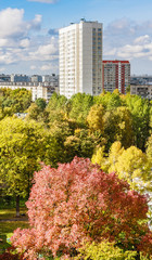 Obraz premium City landscape through a window glass. Autumn