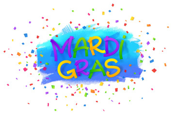 Mardi gras vector paper sign on watercolor splash and confetti background